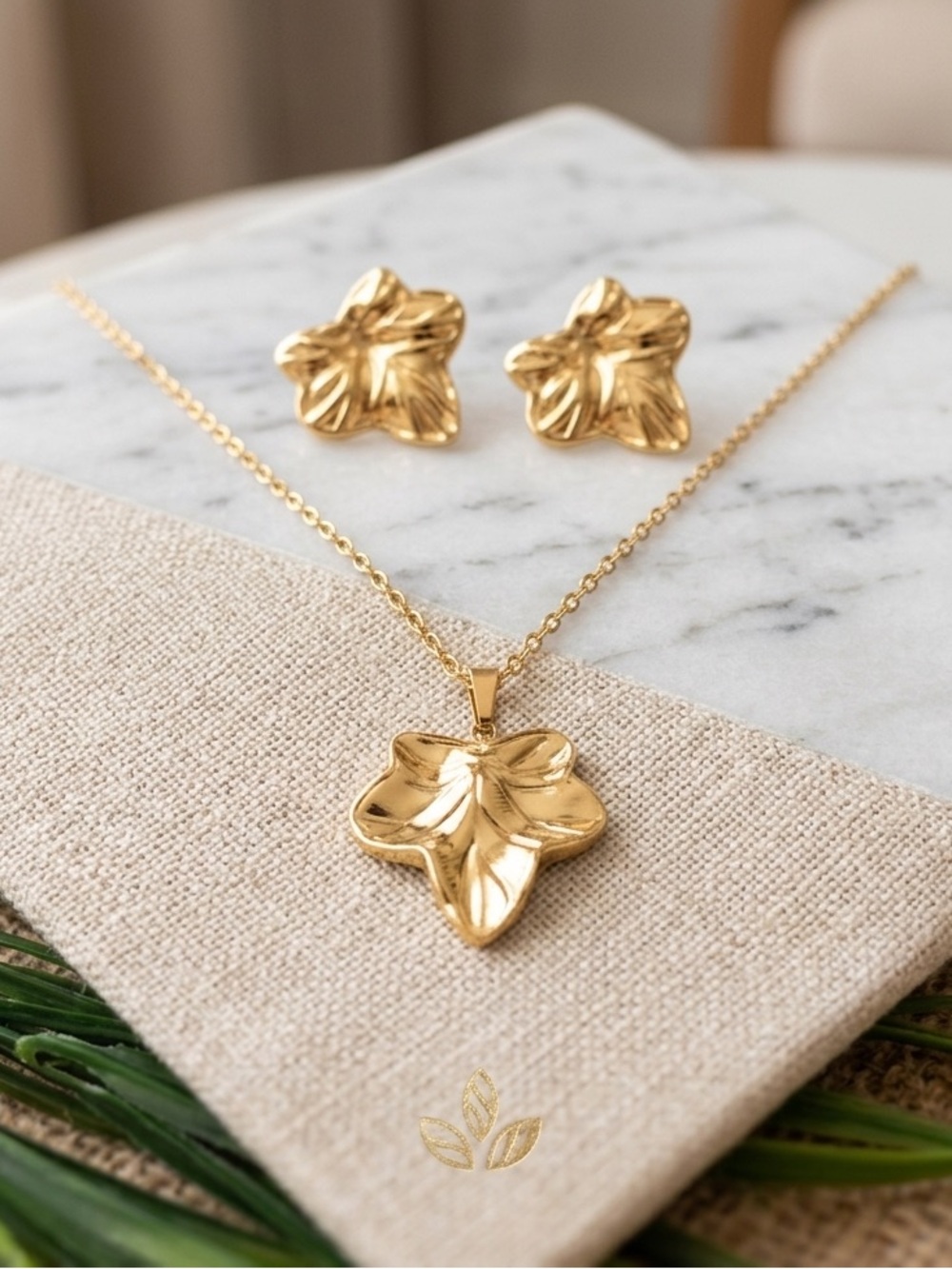 Gold Leaf Pendant and Earring Set 316L steel